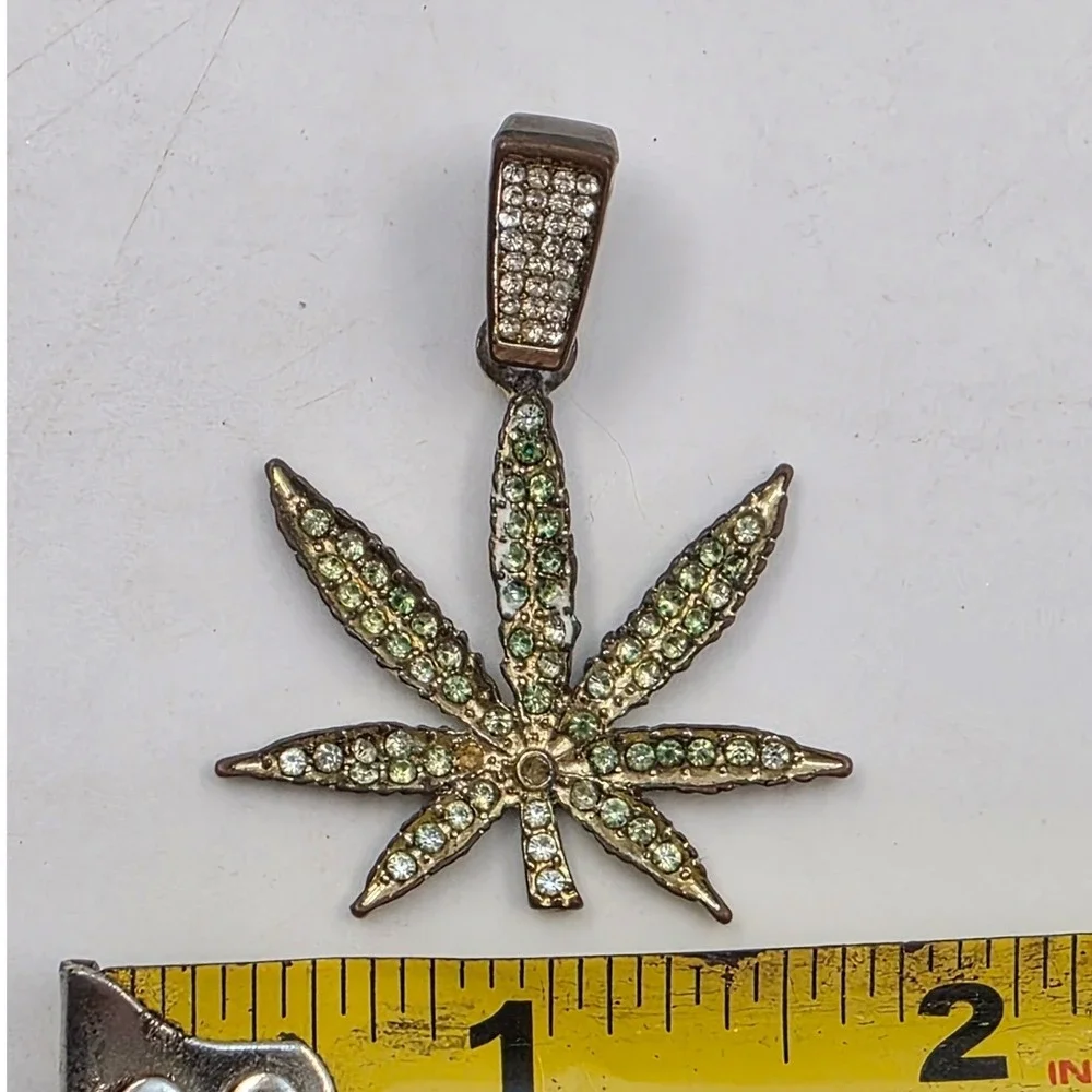 Green Rhinestone Cannabis Leaf Pendant‎ Bronze Tone Iced Out Bail Streetwear